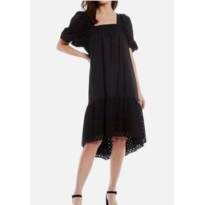 Gibson Latimer Black Eyelet Puff Sleeve Square Neck Midi Dress Size S